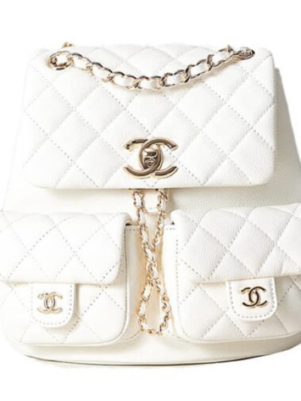 CHANEL White Quilted Leather Backpack with Gold Chain Accents